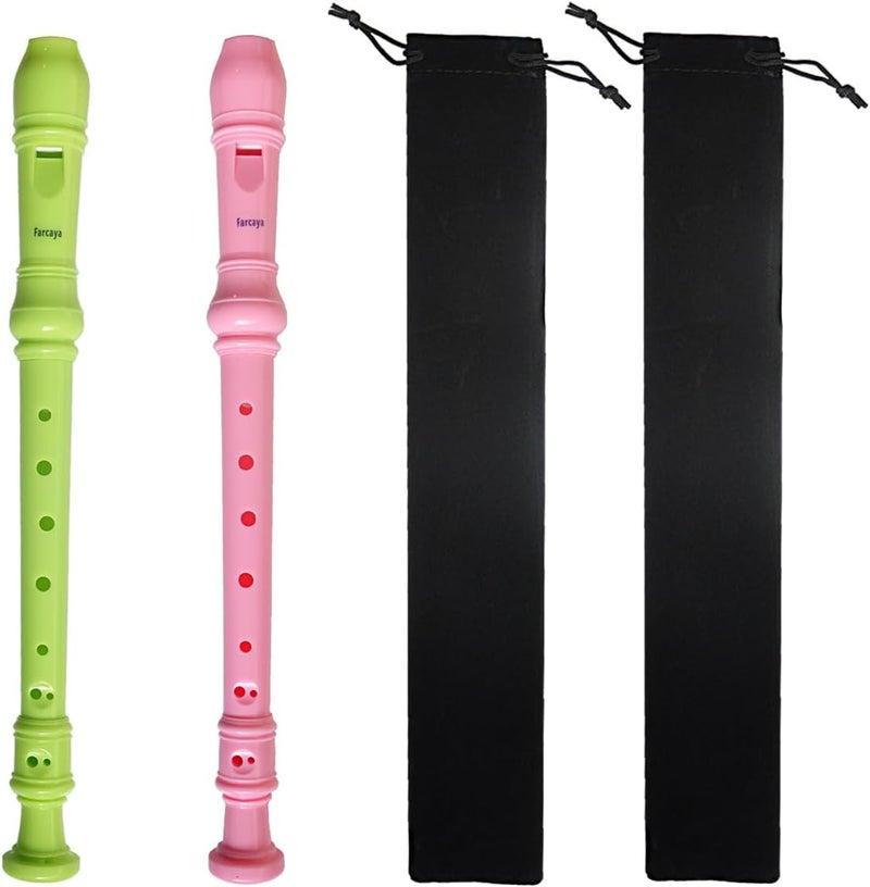 Farcaya 2-Piece Soprano Recorder Instrument for Beginners German Style C Key 8 Hole Descant with Clean Rods 2 Storage Cases (Green+Pink) - Image 1